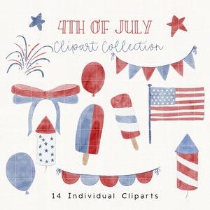 4. Juli Aquarell Clipart Bundle, 4.Juli Clip Art Set, USA Flagge, Feuerwerk, rote und blaue Luftballons, Unabhängigkeitstag Clipart