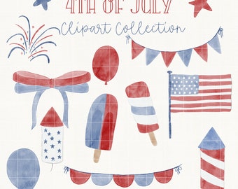 4th of July Watercolor Clipart Bundle, Fourth of July Clip Art Set, USA Flag, Fireworks, Red and Blue Balloons, Independence Day Clipart
