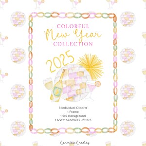 Paquete de imágenes prediseñadas de Año Nuevo colorido, paquete de ilustraciones de Año Nuevo en acuarela, PNG de celebración de Año Nuevo, bola de discoteca, fiesta rosa y dorada