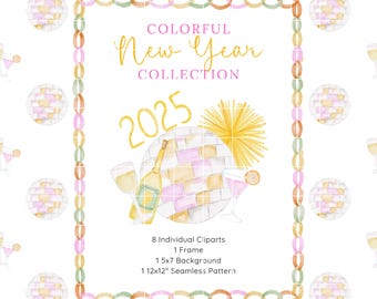 Könnte beinhalten: Eine farbenfrohe Neujahrskollektion mit einer Discokugel, einer Champagnerflasche und Partyhüten. Das Design beinhaltet einen Rahmen mit dem Text "COLORFUL New Year COLLECTION 2025" und ein nahtloses Muster aus Discokugeln.
