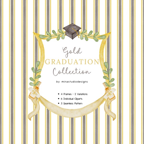 Gold Graduation Watercolor Clip Art, Graduation Hat Clipart, Gold Crest, Stripes Seamless Pattern, Graduation Cap Champagne Illustrations