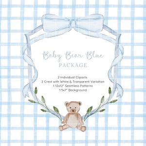 Acquerello stemma orso, Clipart stemma fiocco blu, Clipart acquerello baby shower, Motivo azzurro senza cuciture, Clipart cameretta neonato