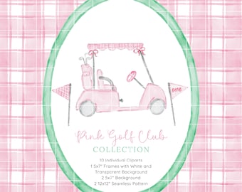 Pink Golf Watercolor Clipart Bundle, Pink Gingham Pattern, Golf Cart Illustration, Preppy Golf Master Clip Art Set, Illustration Package