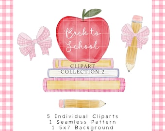 Pink Back to School Watercolor Clipart, Pink Gingham Seamless Pattern, Watercolor School Clip Art Bundle, Classroom Clipart, Preppy School