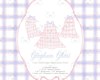 Gingham Ghost Watercolor Clipart, Pink Ghost with Purple Bow PNG, Pink and Purple Seamless Pattern, Preppy Halloween Clip Art Bundle