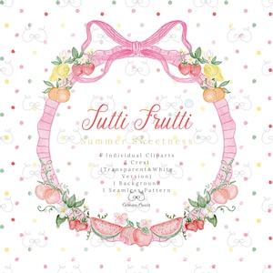 May include: Watercolor illustration with a pink ribbon frame, adorned with fruits and flowers. The text "Tutti Frutti" and "Summer Sweetness" are displayed within the frame. Includes cliparts, crests, a background, and a seamless pattern.