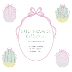 Könnte beinhalten: Ein Set mit sechs Aquarell-Illustrationen von Ostereiern mit rosa und grünen Mustern. Die Eier sind um einen rosa Schleifenrahmen mit dem Text "EGG FRAMES Collection by minastudiodesigns" angeordnet. Der Text unter dem Rahmen listet die Anzahl der Rahmen, einzelnen Cliparts und nahtlosen Muster auf, die im Set enthalten sind.