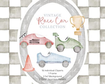 Watercolor Race car Clipart, Vintage Racers Clipart Bundle, Retro Racecars PNG, Cars Watercolor Illustration,  Racer Numbers Clip Art