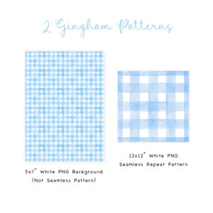 May include: Two digital gingham patterns, one is a 12x12 inch seamless repeat pattern and the other is a 5x7 inch background pattern. Both patterns are blue and white.