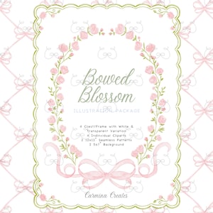 Watercolor Pink Roses Frame, Pink Bow Baby Crest, Baby Girl Watercolor Clipart, Preppy Floret Clipart, Bow Floral Grandmillennial Pattern