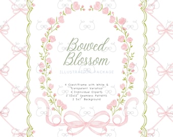 Cornice con rose rosa acquerellate, stemma con fiocco rosa per neonato, clipart con acquerello per bambina, clipart con fiorellino preppy, motivo floreale con fiocco Grandmillennial