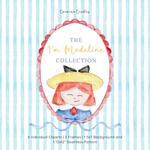 Madeline aquarel clipart, rode coquille frame, French Girl aquarel illustraties, clipartbundel, Parijs, Eiffeltoren, Oui Oui, verhalenboek