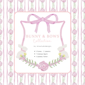 Rosa Schleife Wappen Aquarell, Aquarell Osterhase Clipart Bundle, Gingham Nahtloses Muster, Familienwappen Clip Art, Grandmillennial