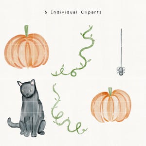 May include: Watercolor clip art set featuring a black cat, two orange pumpkins, green vines, and a spider hanging from a string. The text "6 Individual Cliparts" is at the top. Perfect for Halloween-themed crafts and designs.