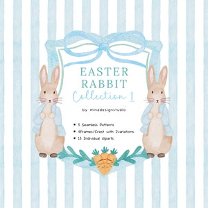 Bundle de cliparts aquarelle Peter Rabbit, clipart oeufs de Pâques, motif sans couture rayures bleues, illustrations de noeud bleu, motif répété