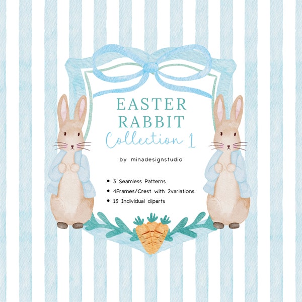 Easter Watercolor Clipart Bundle, Blue Rabbit Clip Art, Stripes Seamless Pattern, Watercolor Blue Crest, Pastel Eggs Illustration, Blue Bow