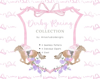 Pink Derby Watercolor Crest, Derby Racing Pink Crest, Kentucky Derby Clipart Bundle, Watercolor Illustration, Baby Shower Crest, Patterns