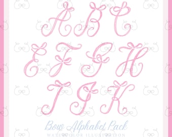 Baby Pink Bow Alphabet Watercolor Clipart, Ribbon Monogram Letters PNG, Preppy Stationery Design Elements for Invitations and Prints