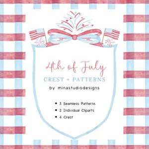 4. Juli Aquarell Wappen, Vaterländischer Aquarell Clipart, Unabhängigkeitstag Clip Art Set, Rot Blau Weiß Muster, Gingham Muster, USA Tag