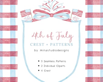 May include: A watercolor illustration of a 4th of July themed crest with a red, white, and blue bow, fireworks, and American flags. The text "4th of July Crest + Patterns by minastudiodesigns" is below the crest. The text "3 Seamless Patterns, 2 Individual Cliparts, 4 Crest" is below the text.