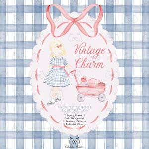 Clipart aquarelle fille rentrée, écolière vintage, noeud rouge festonné cadre PNG, vichy bleu marine. Chariot d'écolier, cadre en ruban rouge