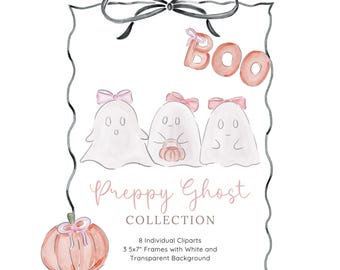 Preppy Ghost Watercolor Clipart, Cute Ghost Clip Art Bundle, Black Bow Frame, Pink Bow Watercolor Frame, Boo Clipart, Halloween illustration