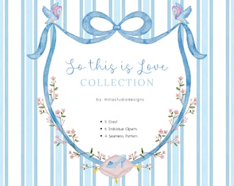 Fairy Tale Watercolor Clipart, Blue Bow Crest, Glass Slippers Clipart, So this is Love Watercolor Illustration, Blue Princess, Digital Paper