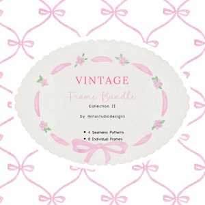 Version paysage vintage avec noeud rose, cadre horizontal ovale festonné, ruban aquarelle cadre Clipart, clipart baby shower fille