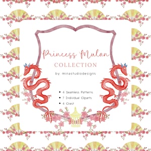 Puede incluir: Una ilustración de acuarela de un dragón rojo con detalles azules, rodeado de flores de cerezo rosas y abanicos amarillos. El texto "Princess Mulan Collection by minastudiodesigns" se muestra en forma de escudo rosa. El texto de abajo enumera la cantidad de patrones sin costuras, imágenes prediseñadas individuales y crestas incluidas en la colección.