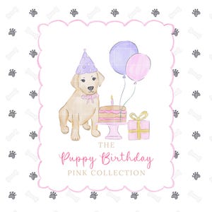 Rosa Schleife Welpen Aquarell Clip Art Bundle, Welpe Geburtstag Aquarell Clipart, Party Hund Rosa Party Clipart-Set, Rosa Aquarell Rahmen, Hündchen