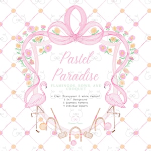 May include: A watercolour design with a pink bow, flamingos, and croquet equipment. The words "Pastel Paradise" are displayed in a decorative font. The image includes floral accents and a transparent background.