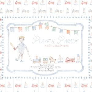 Junge Spielzeug Parade Aquarell Clipart Bundle, Blauer Rahmen, Aquarell Spielzeug Clip Art, Spielzeug Musterdesign, Vintage Holzspielzeug Illustration