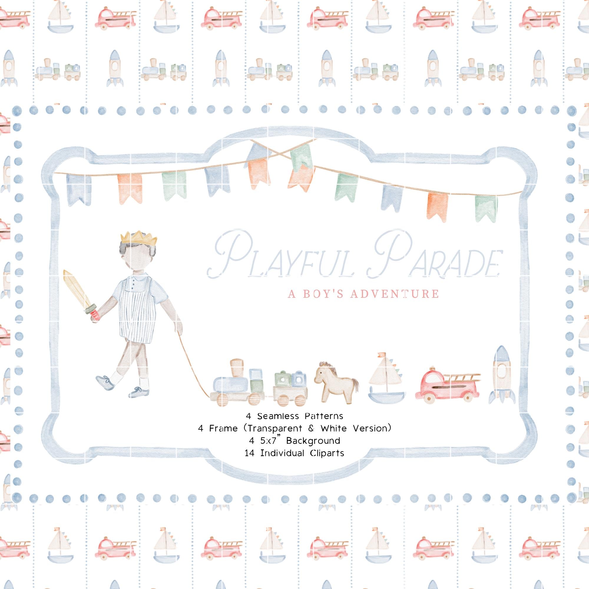 Boy Toy's Parade Watercolor Clipart Bundle, Blue Frame, Watercolor Toys Clip Art, Toys Seamless Patterns, Vintage Wooden Toys Illustration