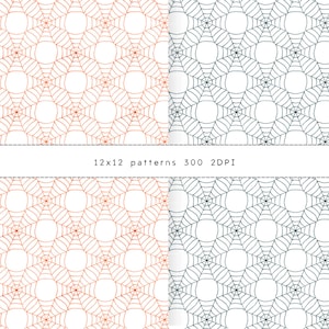May include: Four repeating patterns with spiderweb designs in orange and gray on a white background. The text "12x12 patterns 300 2DPI" is displayed below the patterns.