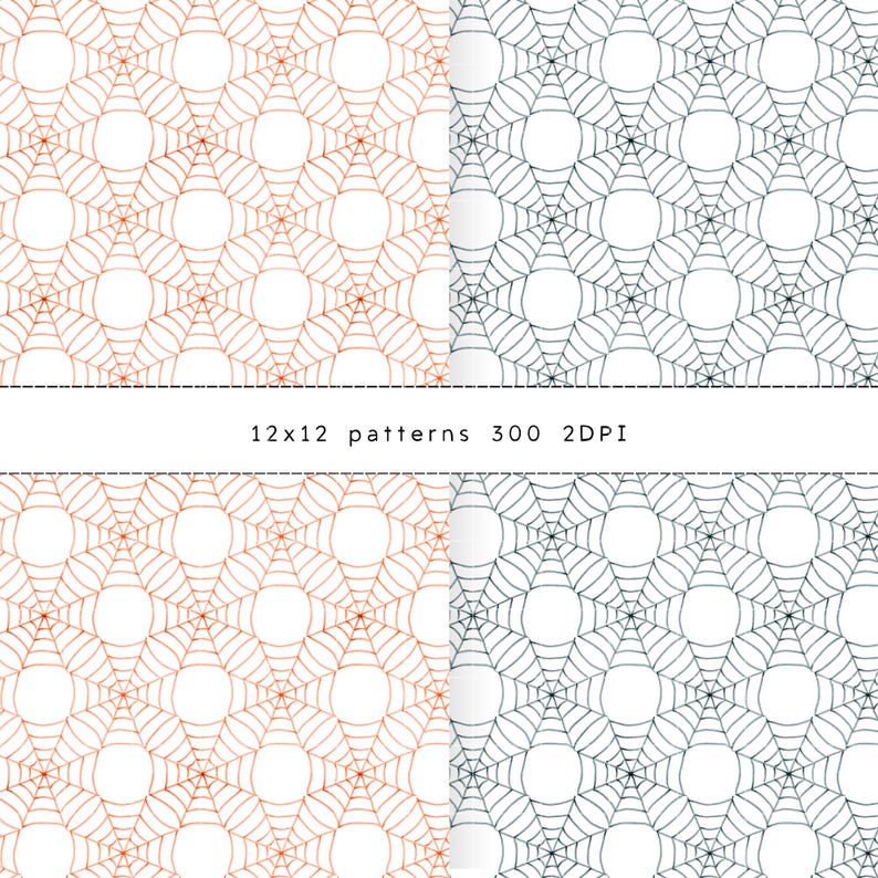 May include: Four repeating patterns with spiderweb designs in orange and gray on a white background. The text "12x12 patterns 300 2DPI" is displayed below the patterns.