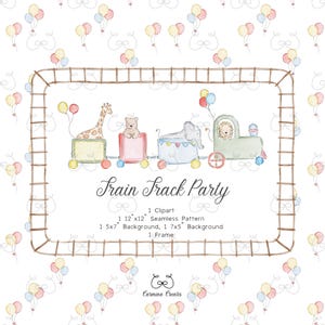 Puede incluir: Ilustración en acuarela de un tren con animales: jirafa, oso, elefante y león. La imagen está enmarcada y tiene un patrón repetitivo de globos. El texto dice "Train Track Party".