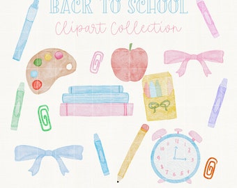 Back to School Watercolor Clipart Bundle, School Essentials Clip Art, School Supplies Pastel Clipart, Teacher Watercolour Clipart set