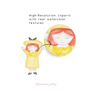 May include: A watercolour illustration of a girl in a yellow dress and hat with a black bow. The image includes a close-up of the girl's face and the text "High-Resolution cliparts with real watercolor textures" and "Carmina Creates".