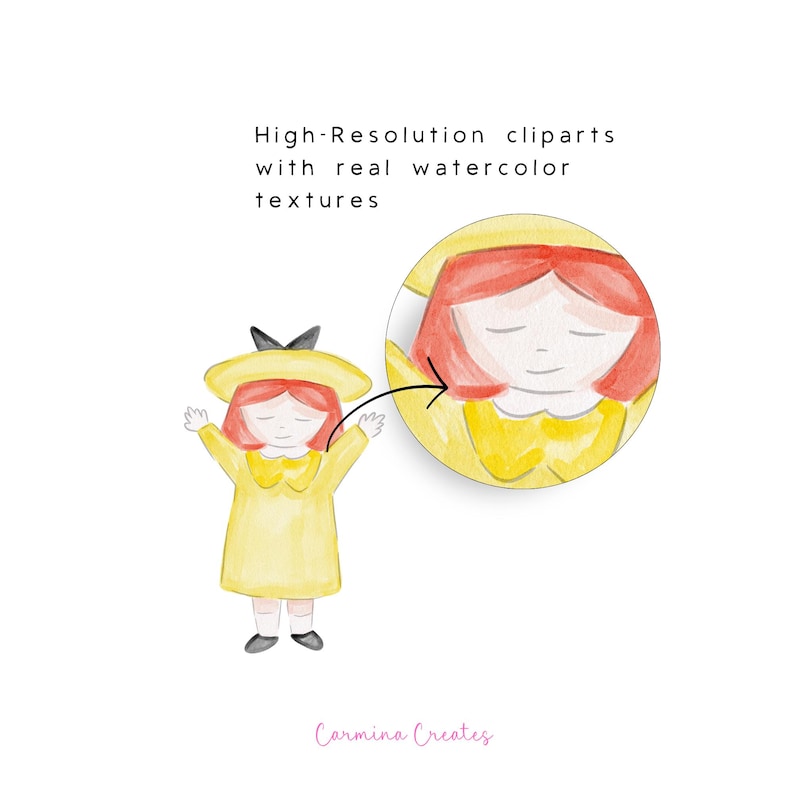 May include: A watercolour illustration of a girl in a yellow dress and hat with a black bow. The image includes a close-up of the girl's face and the text "High-Resolution cliparts with real watercolor textures" and "Carmina Creates".