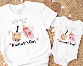 Our First Mother's Day Shirt, Boba Mother's Day Matching Shirt, Mother's Day Mommy and Baby Outfit, Mother's Day Gift