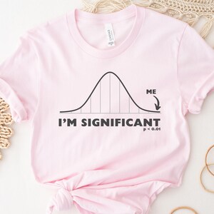 Puede incluir: Camiseta rosa claro con un gr&aacute;fico negro de una curva de campana y el texto "I'M SIGNIFICANT p <0.01". La palabra "ME" est&aacute; al lado de una flecha que apunta a la curva.