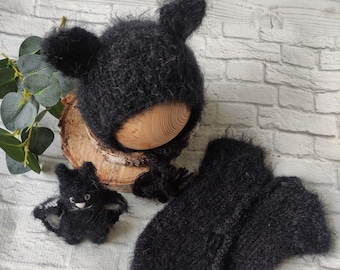 Outfit bat newborn photo shoot, set bat for halloween photo session, toy bat for newborn props