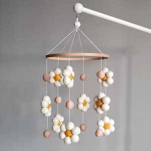 Daisy babymobiel, bloemenbabymobiel, vilten pom-poms hangend decor, boho pom pom mobiel