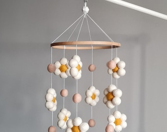 Daisy Nursery Mobile, Flower baby mobile, Felt balls hanging decor, Boho pom pom mobile