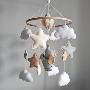Elephant baby mobile, Gender neutral nursery mobile with stars clouds, Baby shower gift