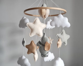 Elephant baby mobile, Gender neutral nursery mobile with stars clouds, Baby shower gift