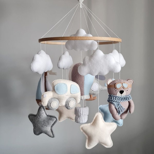 Felt boy Baby mobile, helicopter baby toy, sailboat, Transportion cot mobile, Blue nursery decor