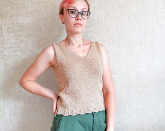 Handknit Gold Lurex Cotton Tank Top, Openwork Back