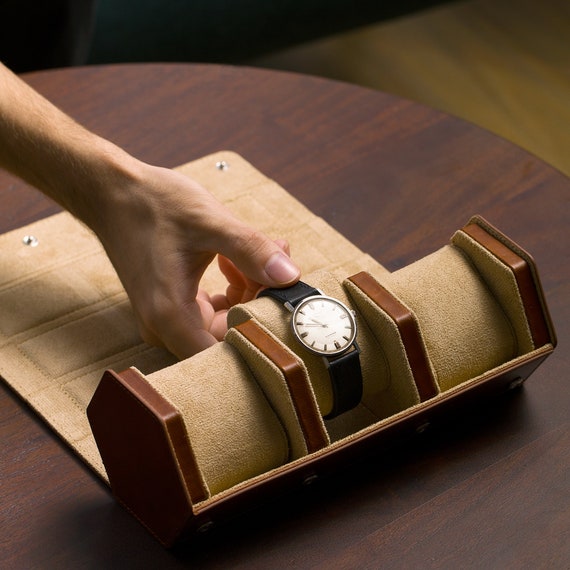 Brown Genuine Full Grain Leather Watch Case for Men - Watch Roll Travel Case - Storage Organizer & Display - Watch Accessory - Luxury Suede