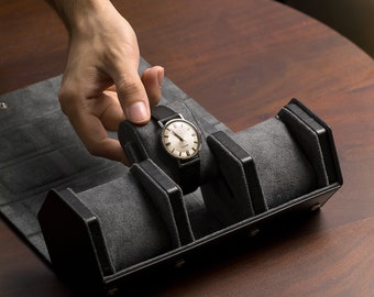 Black Genuine Full Grain Leather Watch Case for Men - Watch Roll Travel Case - Storage Organizer & Display - Watch Accessory - Luxury Suede